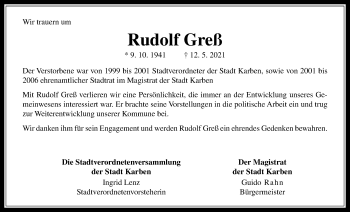 Traueranzeige von Rudolf Greß von Wetterauer Zeitung