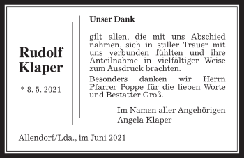 Traueranzeige von Rudolf Klaper von Allendorfer Mitteilungen