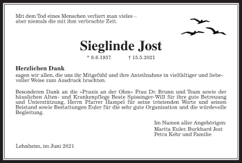 Traueranzeige von Sieglinde Jost von Giessener Allgemeine, Alsfelder Allgemeine