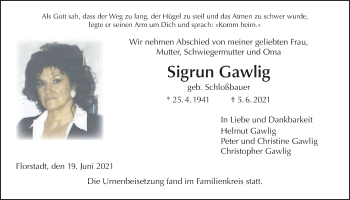 Traueranzeige von Sigrun Gawlig von Wetterauer Zeitung