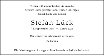 Traueranzeige von Stefan Lück von Wetterauer Zeitung