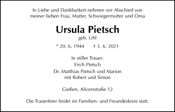Traueranzeige von Ursula Pietsch von Giessener Allgemeine, Alsfelder Allgemeine
