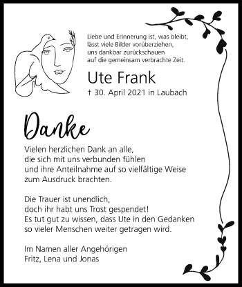 Traueranzeige von Ute Frank von Giessener Allgemeine, Alsfelder Allgemeine