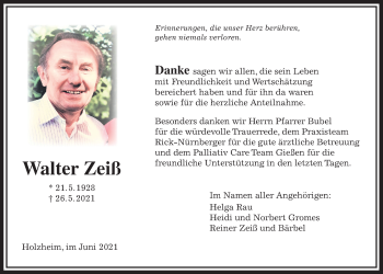 Traueranzeige von Walter Zeiß von Pohlheimer Nachrichten