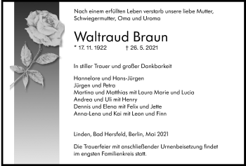 Traueranzeige von Waltraud Braun von Giessener Allgemeine, Alsfelder Allgemeine