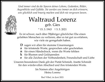 Traueranzeige von Waltraud Lorenz von Bad Vilbel/Karben