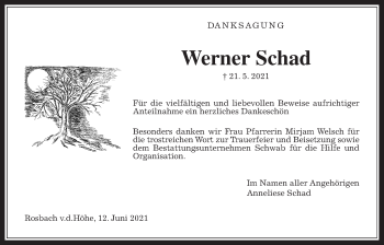 Traueranzeige von Werner Schad von Wetterauer Zeitung