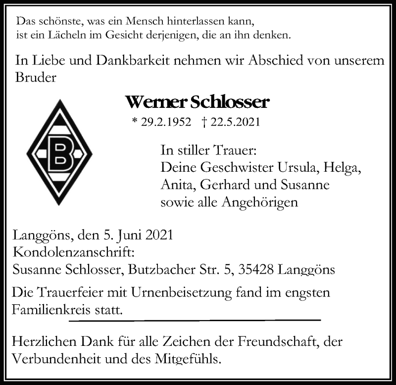  Traueranzeige für Werner Schlosser vom 05.06.2021 aus Giessener Allgemeine, Alsfelder Allgemeine