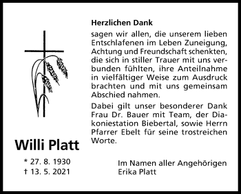 Traueranzeige von Willi Platt von Giessener Allgemeine, Alsfelder Allgemeine