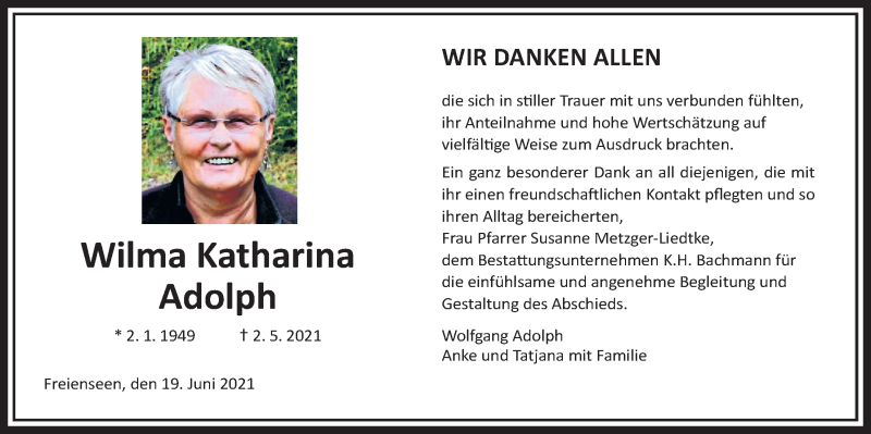  Traueranzeige für Wilma Katharina Adolph vom 19.06.2021 aus Giessener Allgemeine, Alsfelder Allgemeine