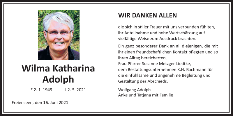  Traueranzeige für Wilma Katharina Adolph vom 16.06.2021 aus Laubacher Anzeiger