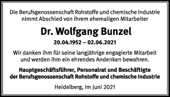 Traueranzeige von Wolfgang Bunzel von Giessener Allgemeine, Alsfelder Allgemeine
