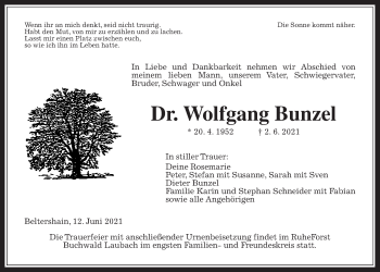 Traueranzeige von Wolfgang Bunzel von Giessener Allgemeine, Alsfelder Allgemeine