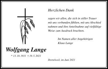 Traueranzeige von Wolfgang Lange von Bad Vilbel/Karben