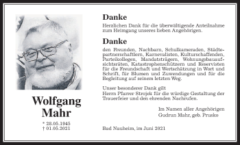 Traueranzeige von Wolfgang Mahr von Wetterauer Zeitung