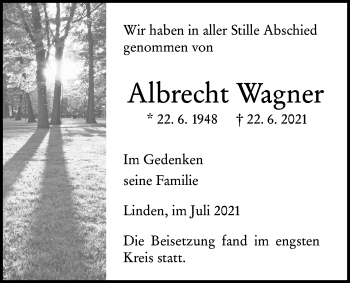 Traueranzeige von Albrecht Wagner von Giessener Allgemeine, Alsfelder Allgemeine