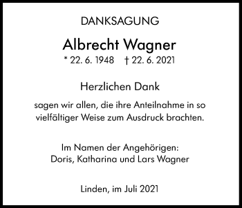 Traueranzeige von Albrecht Wagner von Giessener Allgemeine, Alsfelder Allgemeine