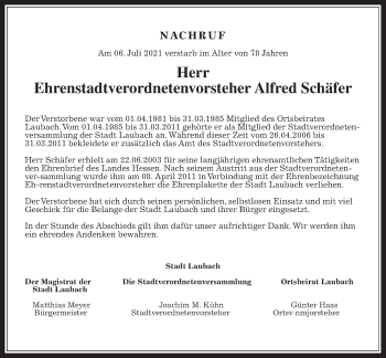 Traueranzeige von Alfred Schäfer von Laubacher Anzeiger