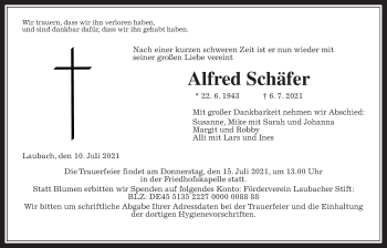 Traueranzeige von Alfred Schäfer von Giessener Allgemeine, Alsfelder Allgemeine