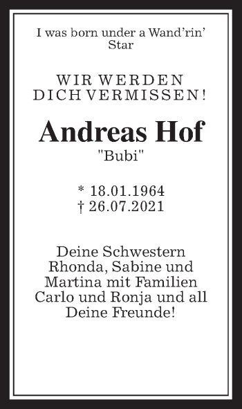 Traueranzeige von Andreas Hof von Wetterauer Zeitung