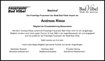 Traueranzeige von Andreas Riese von Bad Vilbel/Karben