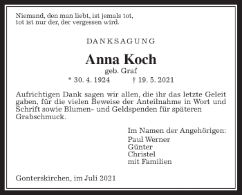 Traueranzeige von Anna Koch von Laubacher Anzeiger