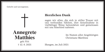 Traueranzeige von Annegrete Matthies von Giessener Allgemeine, Alsfelder Allgemeine
