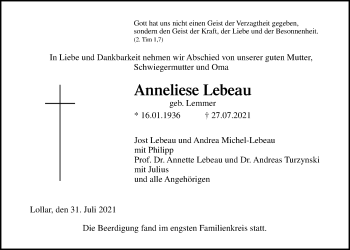 Traueranzeige von Anneliese Lebeau von Giessener Allgemeine, Alsfelder Allgemeine