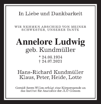 Traueranzeige von Annelore Ludwig von Wetterauer Zeitung, Giessener Allgemeine, Alsfelder Allgemeine