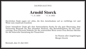 Traueranzeige von Arnold Storck von Wetterauer Zeitung