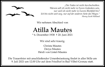 Traueranzeige von Atilla Mautes von Bad Vilbel/Karben