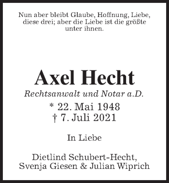 Traueranzeige von Axel Hecht von Giessener Allgemeine, Alsfelder Allgemeine
