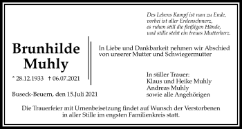 Traueranzeige von Brunhilde Muhly von Giessener Allgemeine, Alsfelder Allgemeine