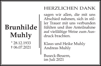 Traueranzeige von Brunhilde Muhly von Giessener Allgemeine, Alsfelder Allgemeine