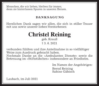 Traueranzeige von Christel Reining von Laubacher Anzeiger