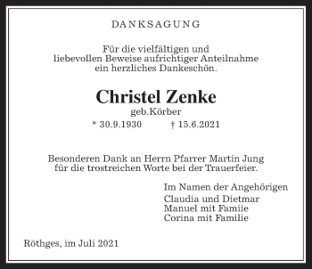 Traueranzeige von Christel Zenke von Laubacher Anzeiger