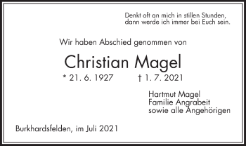 Traueranzeige von Christian Magel von Reiskirchener Anzeiger