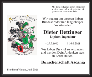 Traueranzeige von Dieter Dettinger von Wetterauer Zeitung