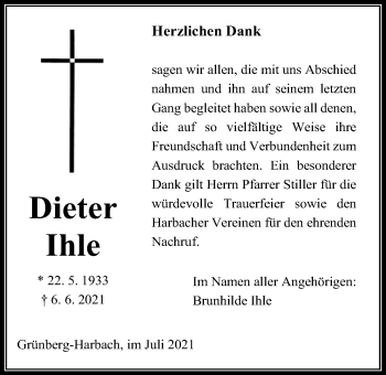 Traueranzeige von Dieter Ihle von Giessener Allgemeine, Alsfelder Allgemeine