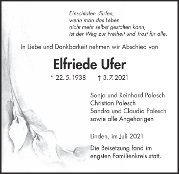 Traueranzeige von Elfriede Ufer von Giessener Allgemeine, Alsfelder Allgemeine