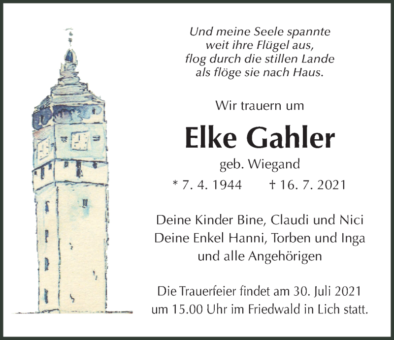  Traueranzeige für Elke Gahler vom 22.07.2021 aus Licher Wochenblatt