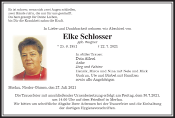 Traueranzeige von Elke Schlosser von Giessener Allgemeine, Alsfelder Allgemeine