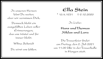 Traueranzeige von Ella Stein von Licher Wochenblatt