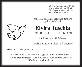 Traueranzeige von Elvira Tuschla von Giessener Allgemeine, Alsfelder Allgemeine