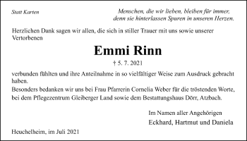Traueranzeige von Emmi Rinn von Giessener Allgemeine, Alsfelder Allgemeine