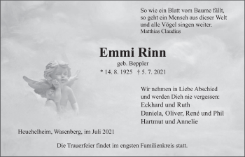 Traueranzeige von Emmi Rinn von Giessener Allgemeine, Alsfelder Allgemeine