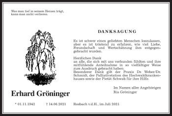 Traueranzeige von Erhard Gröninger von Wetterauer Zeitung