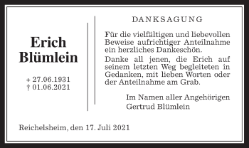 Traueranzeige von Erich Blümlein von Wetterauer Zeitung