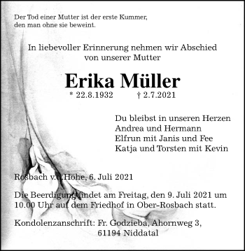Traueranzeige von Erika Müller von Wetterauer Zeitung