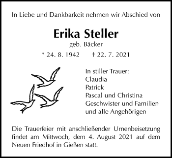 Traueranzeige von Erika Steller von Giessener Allgemeine, Alsfelder Allgemeine